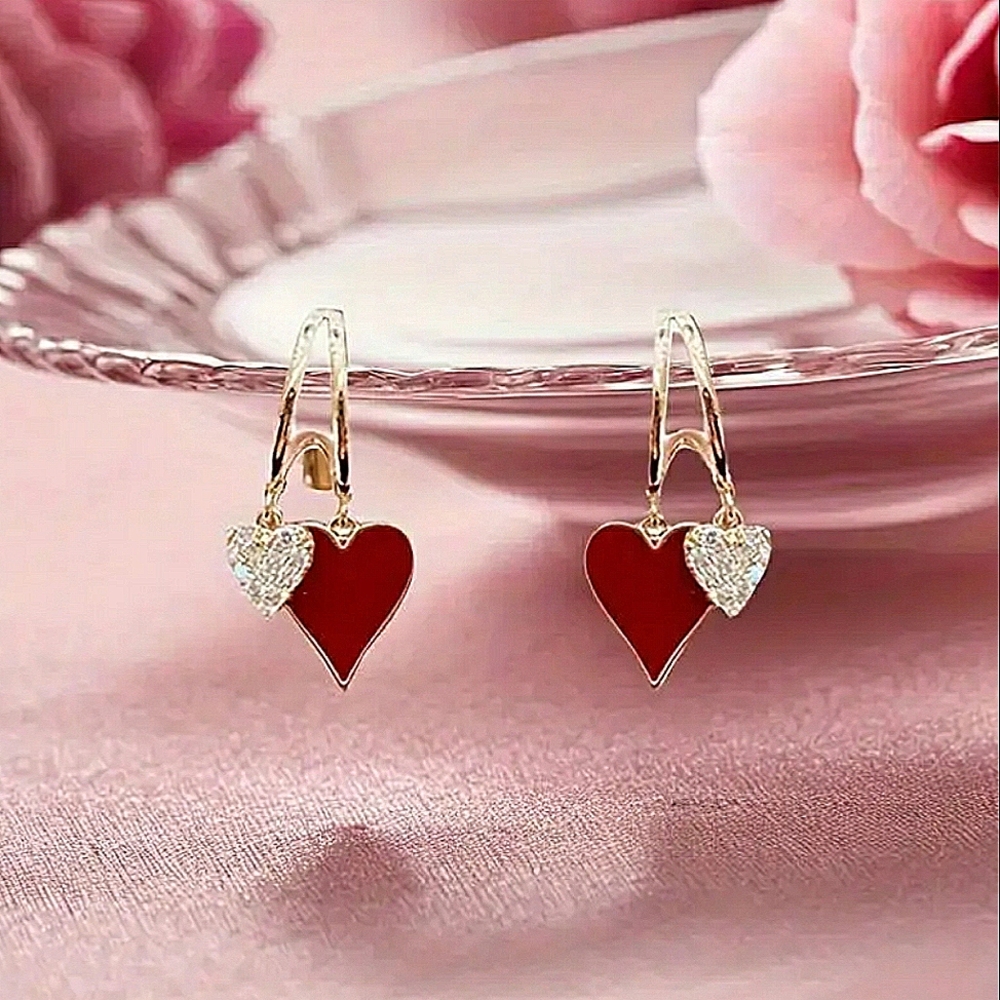 Red Heart Rhinestone Earrings Gold - Picture 2 of 9